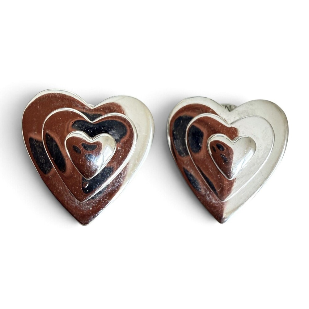Vintage 1980s Monet Silver Tone Tiered Multi Layer Heart Stud Earrings D